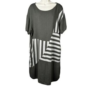 Liabella‎ Women's Green Linen Patchwork Striped Short Sleeve Dress Made Italy